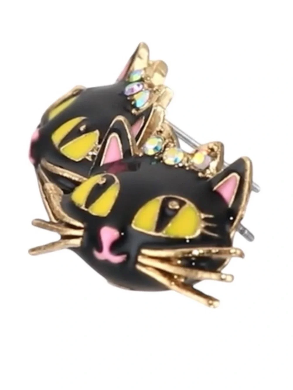 Betsey Johnson Black Cat Crystal Crown Stud Earrings NWT Gold Tone